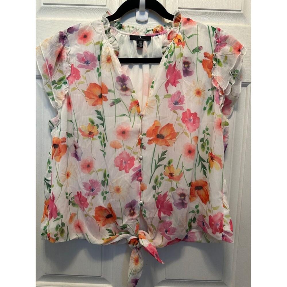 Jules & Leopold White Floral Tie-Front Blouse with Pink, Orange, Purple Flowers